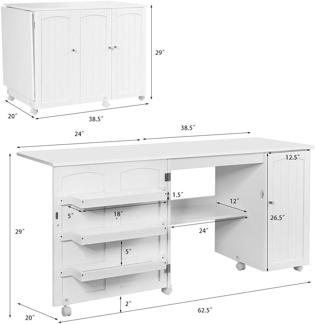 DORTALA Folding Sewing Table, Large Size Craft Cart w/Storage Shelves and Lockable Casters, Rolling Craft Station Sewing Table for Apartment Home, Portable Storage Cabinet for Small Space, White