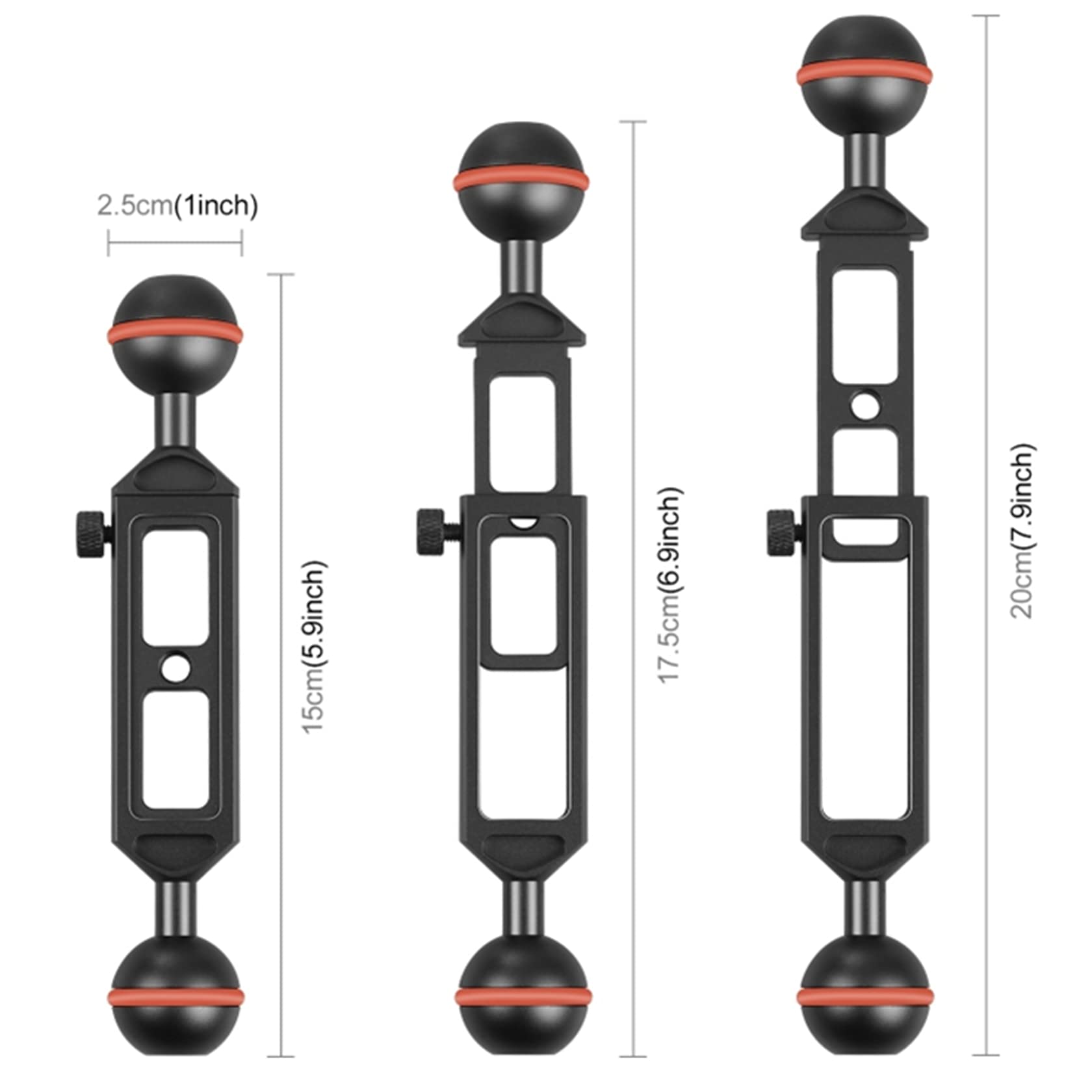 Support de plongée en alliage d'aluminium avec filetage 1/4 pour caméra d'action Longueur réglable 20 cm Diamètre de la boule 25 mm Noir