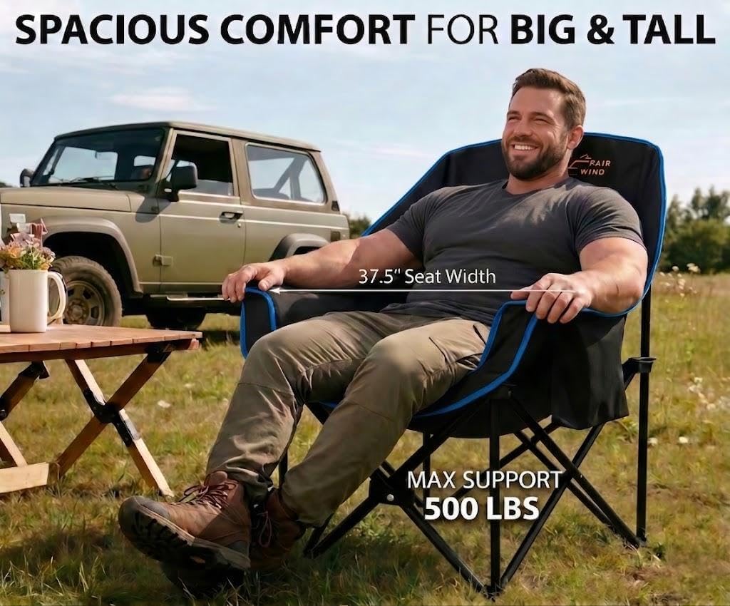 FAIR WIND Oversized Padded Camping Chair Heavy Duty Quad Fold Arm Chair Portable for Outdoor - Support 500LBS, Blue