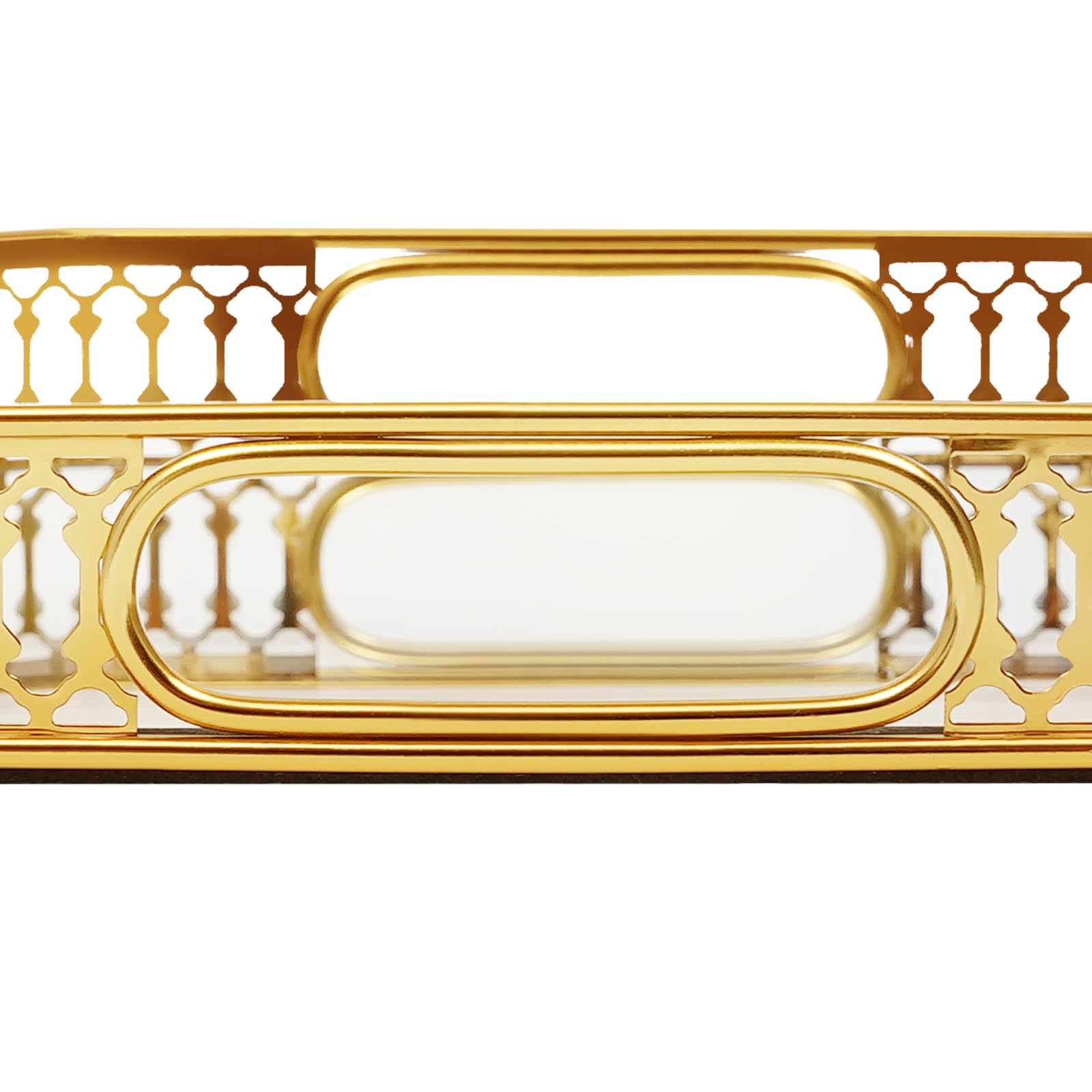 Bandeja dorada para servir 35 x 25 cm, hierro y cristal, revestimiento galvanizado, con borde y patas esféricas, bandeja para frutas, cosméticos y joyas, bandeja decorativa