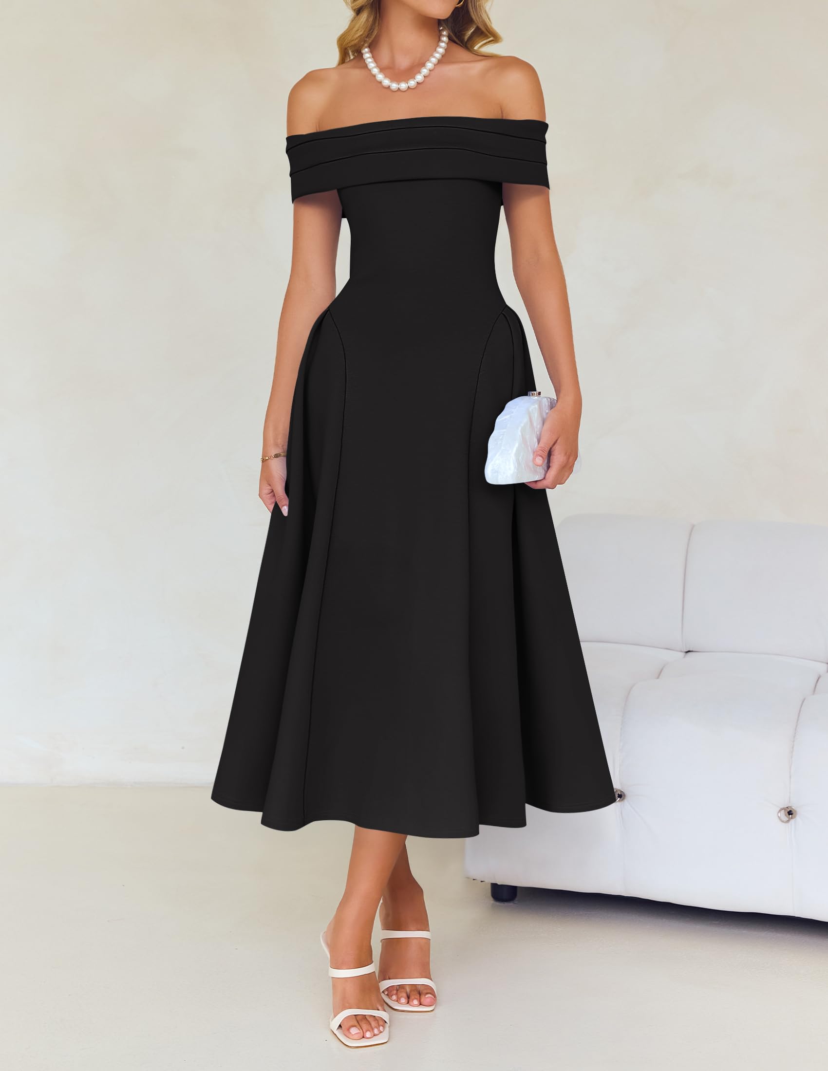 ZESICA Cocktail Dresses for Women's Elegant Off Shoulder Short Sleeve Swing A Line Wedding Evening Party Midi Dress