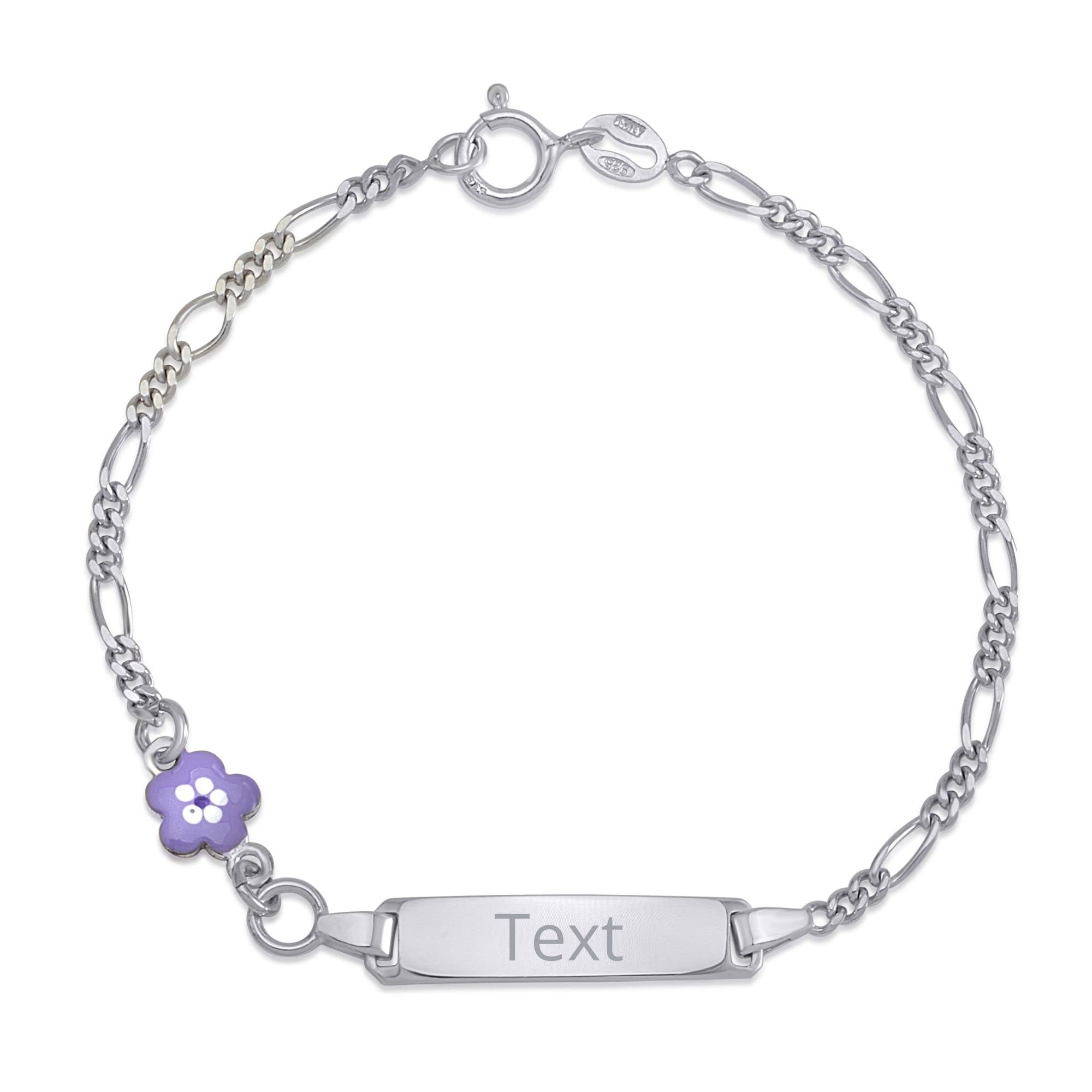 UNICORNJ 925 Italy Sterling Silver Child or Baby Name Bracelet Girls Boys, Personalized Engraved Kids ID Bracelets, 6.5" Figaro Chain, Enamel Charm Newborn Infant Toddler Kid Jewelry