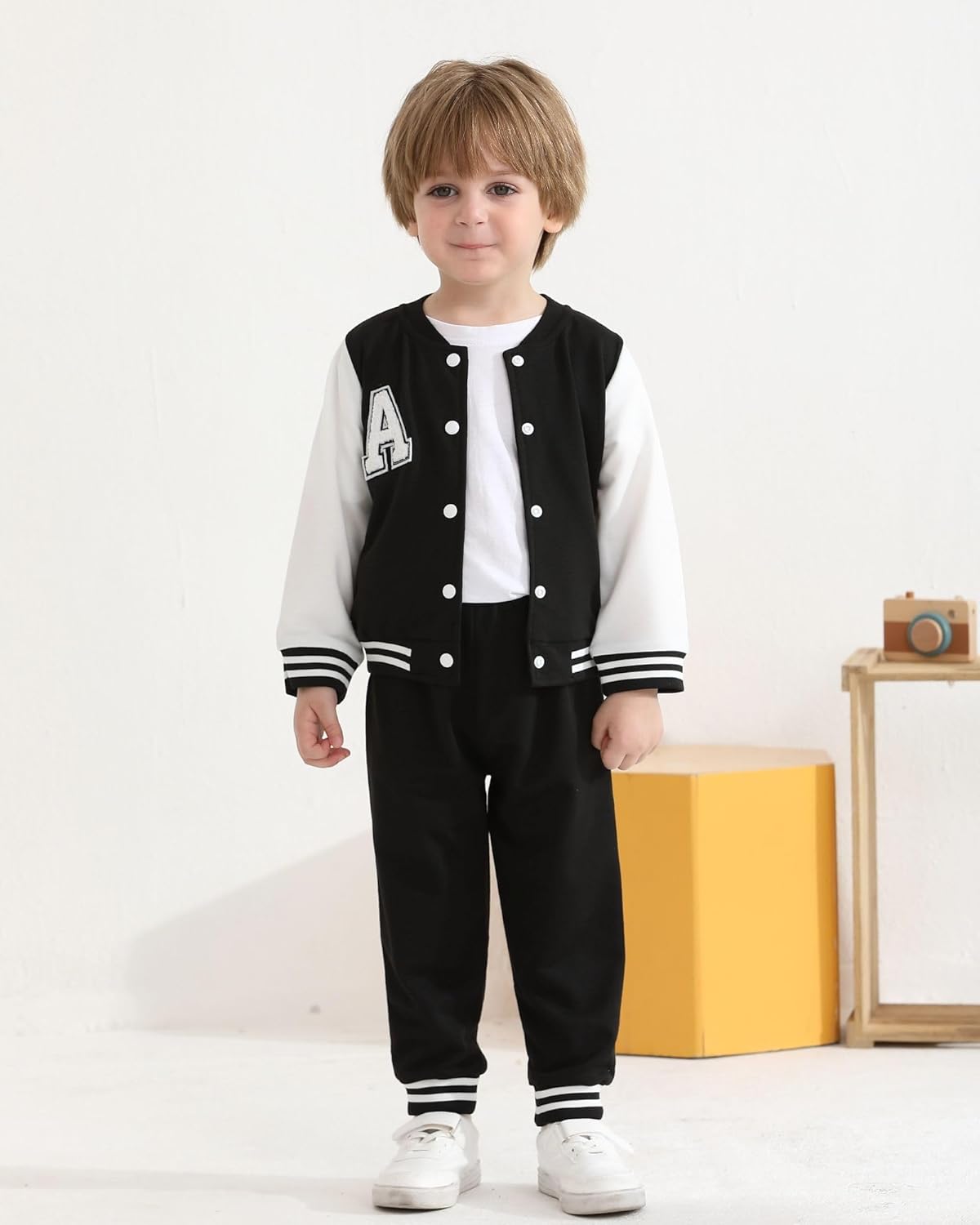 Baby Boy Clothes Infant Fall Winter Outfits Toddler Boy Varsity BaseBall Jacket Button Down Pants Set 6-12 Months Black image 3 of 7 B0FC2734V4