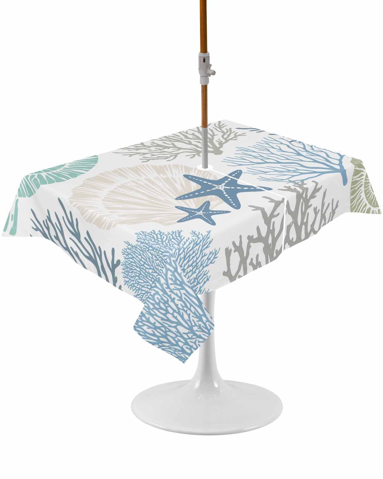 Coastal Outdoor Tablecloth - 60x84 Inch Rectangle Dining Table Cover, Blue Teal Coral Summer Beach Ocean Starfish Waterproof Outdoor Table Cloth with