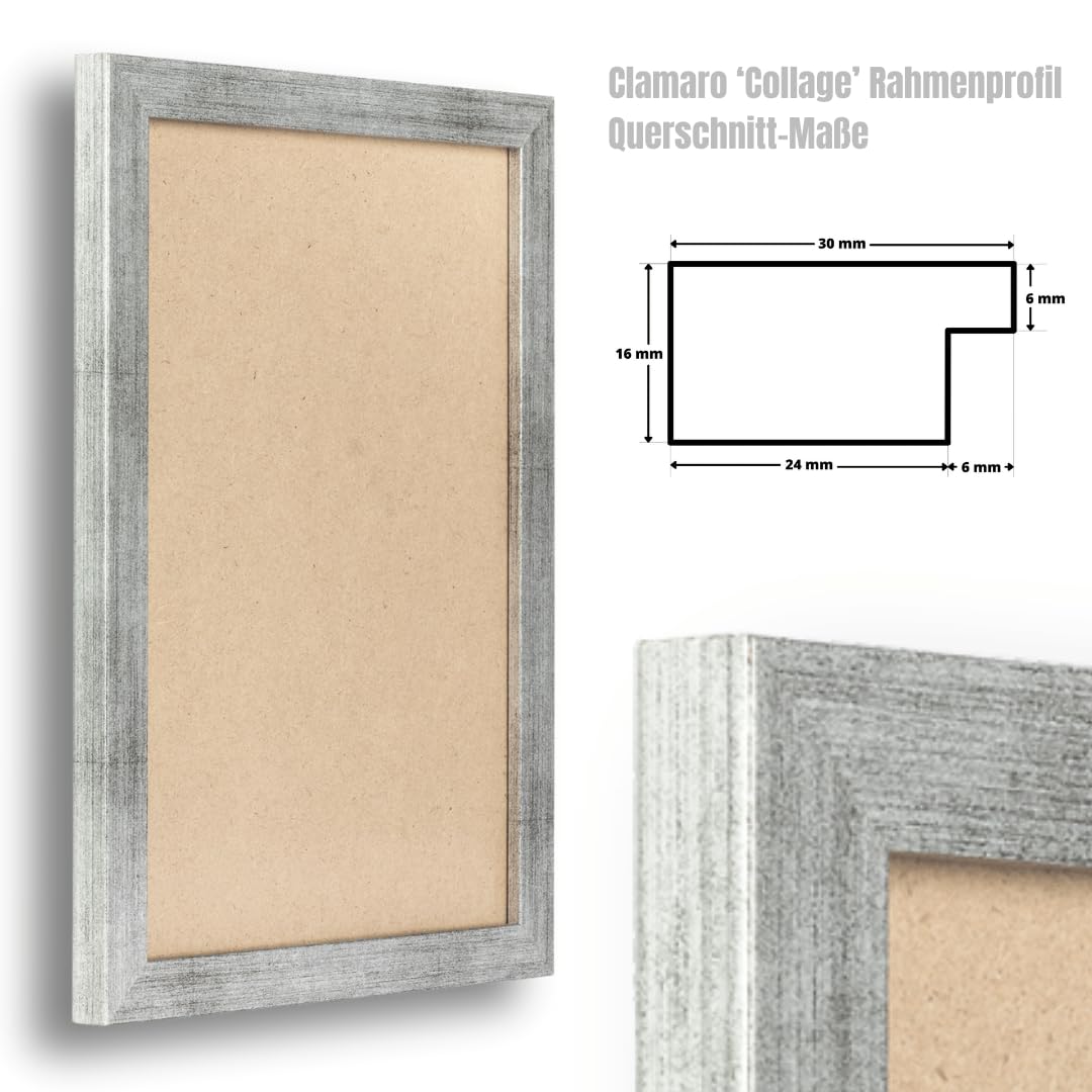 CLAMARO Bilderrahmen Collage, MDF Holz, Silber Gebürstet, 75 x 110 cm | Handgefertigt in Deutschland, Profilbreite 30 mm, inkl. Rückwand und Zackenaufhänger, für Hoch- und Querformat, eckig