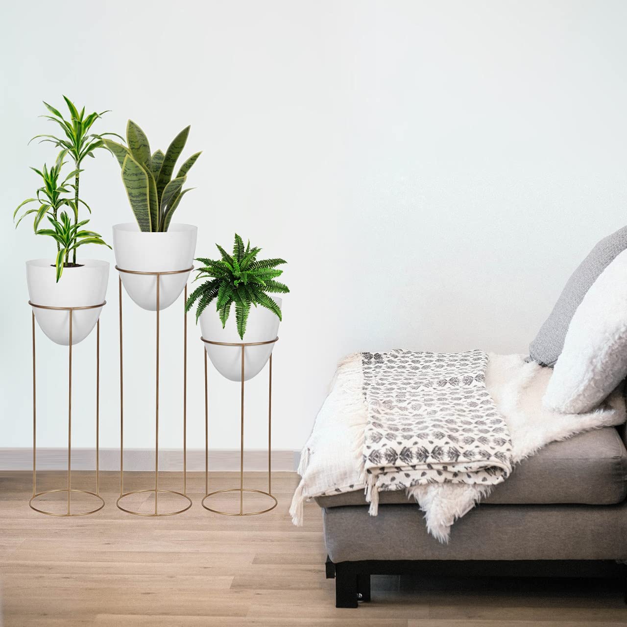 ANGEL CRAFT Modern Metal Plant Stand Gold with Planter Pot Set of 3. (White)