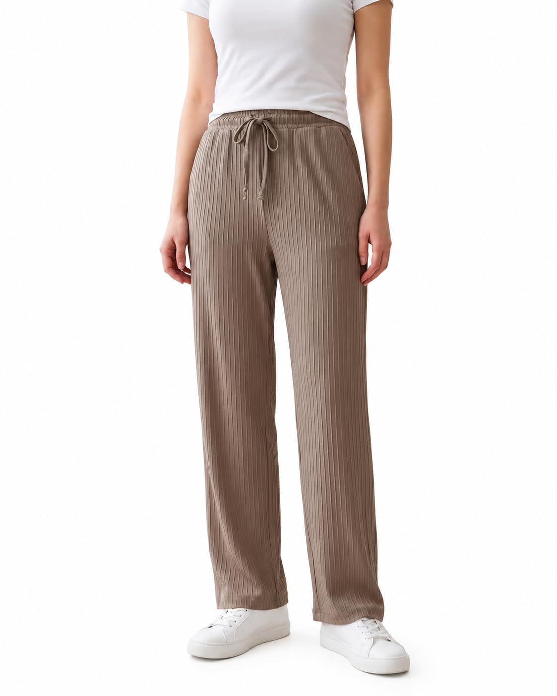 Women's Ribbed Wide Leg Lounge Pants, Soft Pleated Knit Drawstring Elastic Waist Casual Palazzo Trousers with Pockets,-image-6