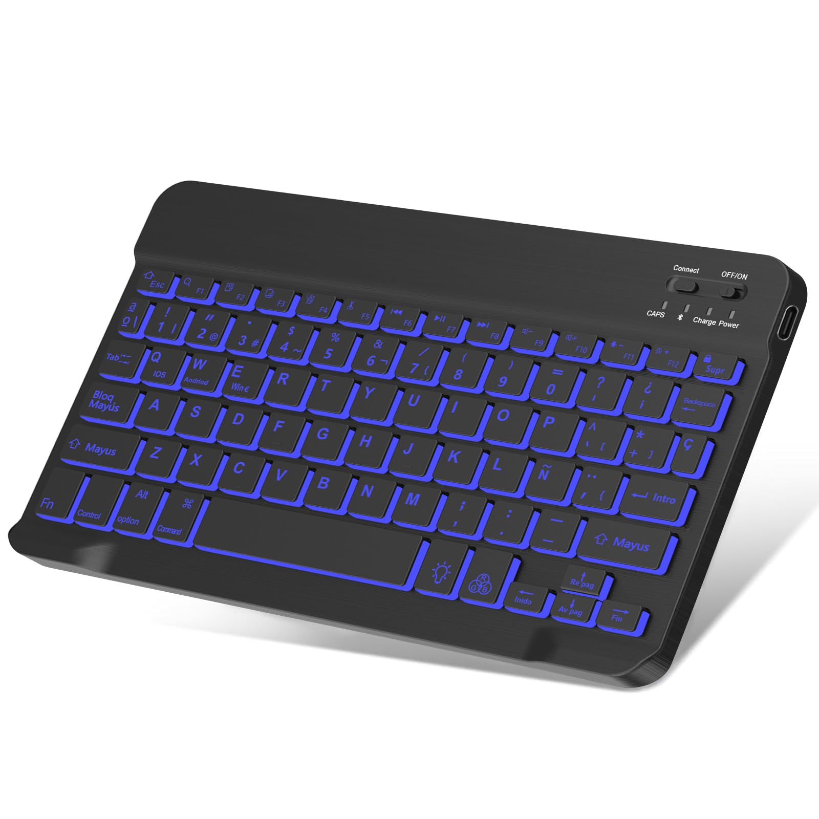 Bluetooth Teclado para iPad Pro/Air Android/Samsung/Huawei/Xiaomi, QWERTY Español Ñ, Retroiluminado de 7 Colores(Negro)