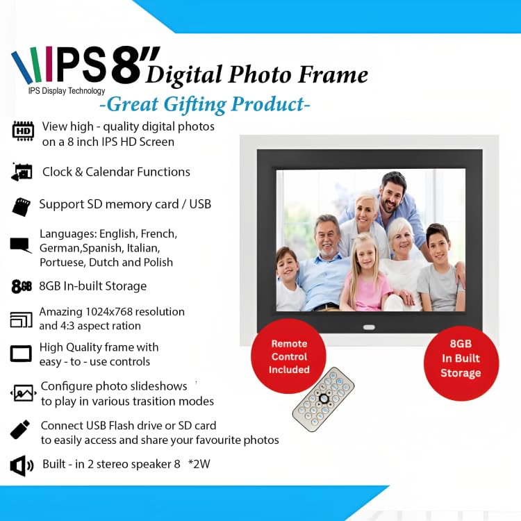 Image of Miracle Digital 8 Inch Digital Picture Frame,HD IPS Digital Photo Frames,Wall Mounted Electronic Slideshow,Using USB or SD to Play Photos /Videos /Music