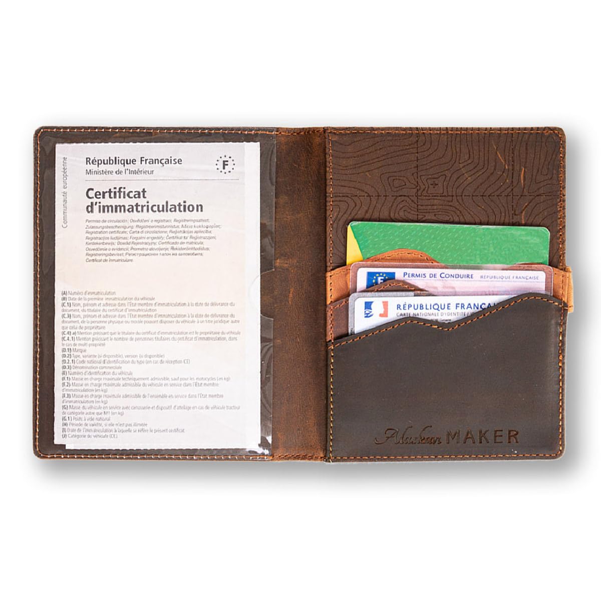 Alaskan MAKER - Étui à Carte Grise en Cuir Pleine Fleur - Rangement Documents Voiture & Cartes - Protection RFID - Fermeture Sécurisée Bouton Pression - Format Compact et Résistant (Wood)