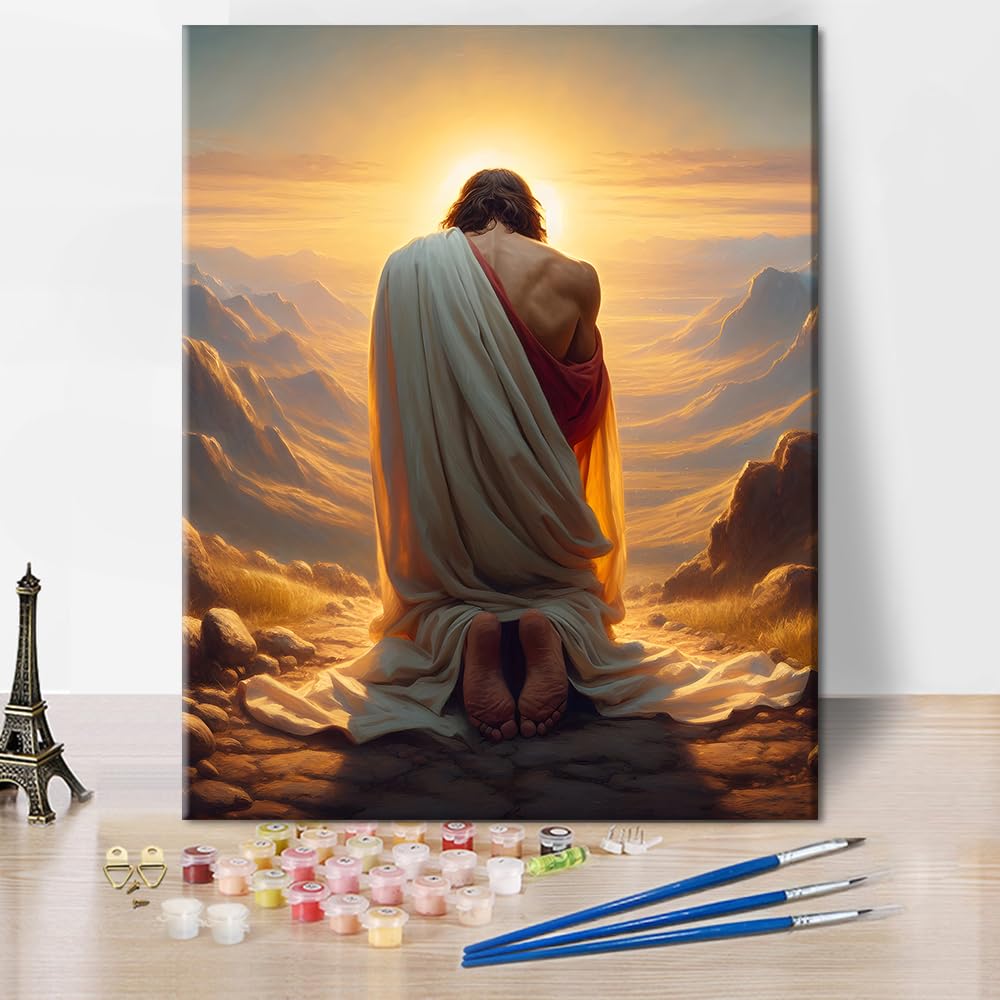 TISHIRON Adults Paint by Numbers Kit Jesus Praying to God Religious Paint by Numbers for Adults Christian Faith Inspired DIY Canvas Art Spiritual Home Decor Gift Acrylic 16x20 Inch