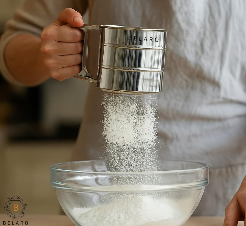 Mehlsieb, 3 Tassen Sieb zum Backen, Edelstahl Mehlsieb zum Backen von Kuchen, Gebäck, Kuchen, Cupcakes und Desserts, Puderzuckerstreuer Staubwedel, mit Handpress-Design