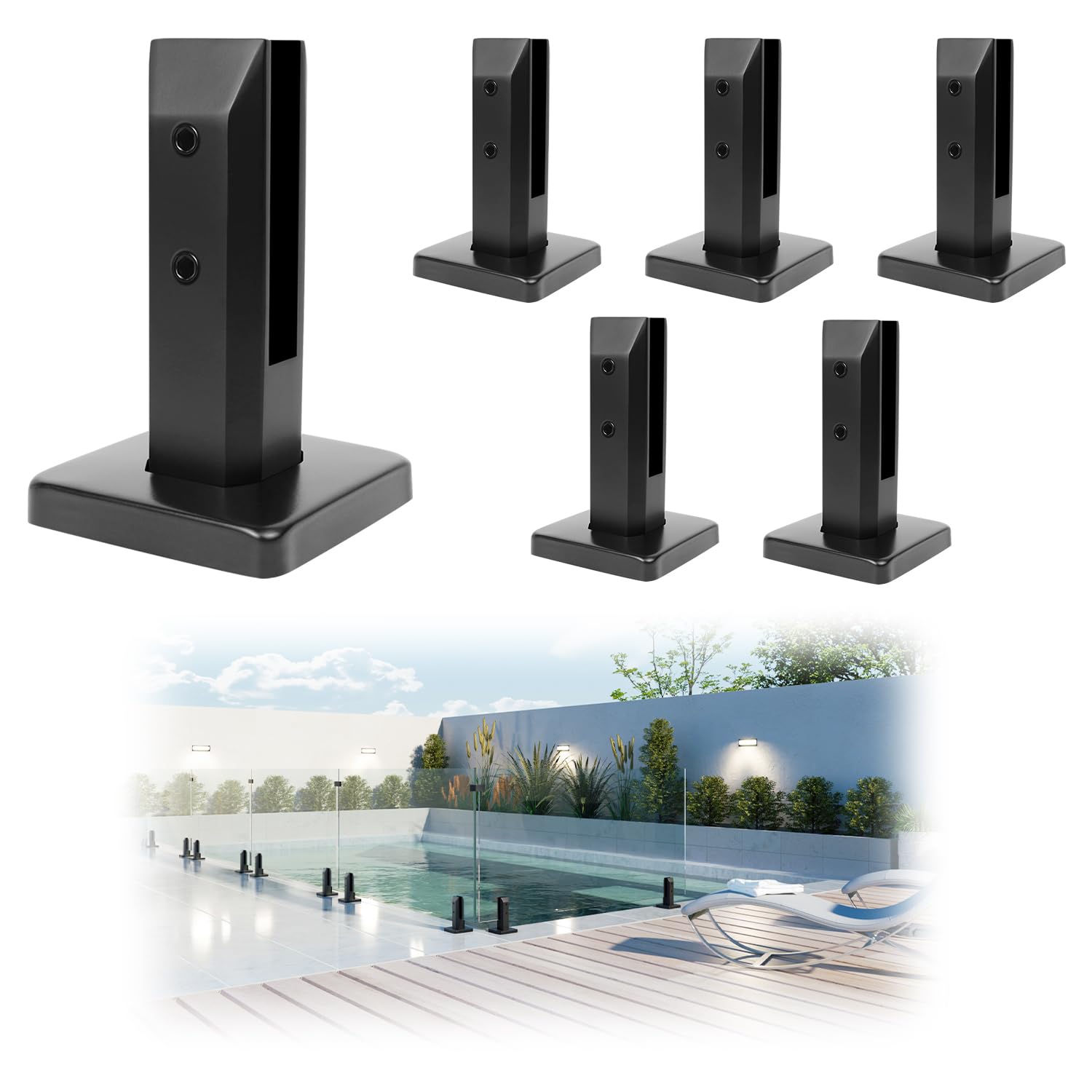 LukLoy 6 Pack NW. 2.1lb T304 Stainless Steel Glass Railing Spigot Heavy-Duty Matte Black Clamp Post Glass Railing System, No-Drill Design for Pool,