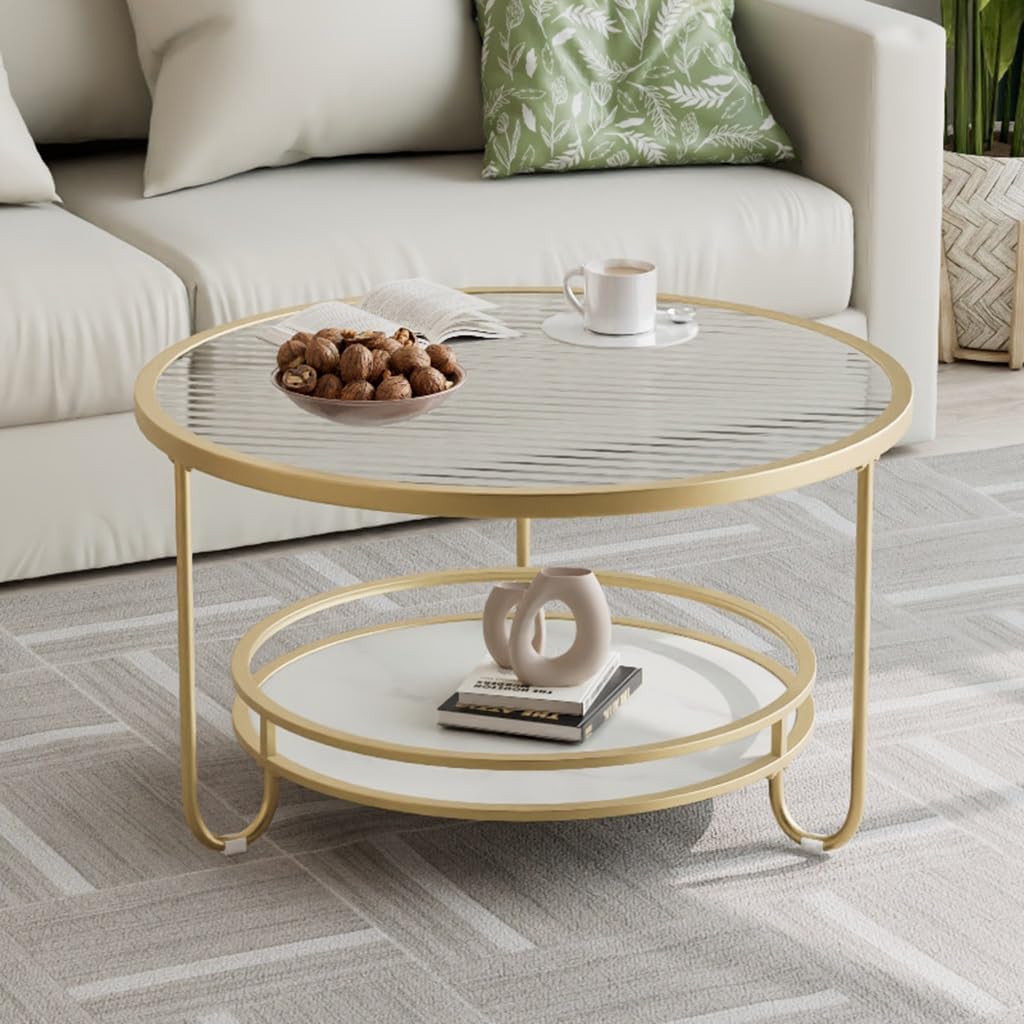 LEDIN 2 Level Accent Table with Mirrored Glass Top, Industrial Round End Table, Sturdy Metal Frame, Vintage Nightstand for Living Room Bedroom, Small Spaces (Gold-Clear 80x45cm)