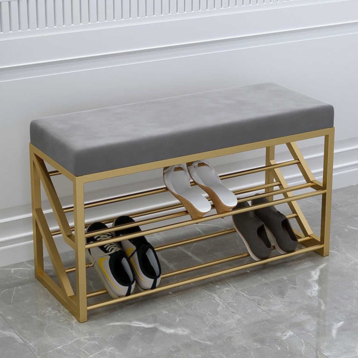 LWJSOCP Modern Shoe Bench with Cushioned atStylish Gray Entryway Shoe Rack 31.5"x7.9" SpaceSaving Storage Solution for Hallway and Entryway Organization
