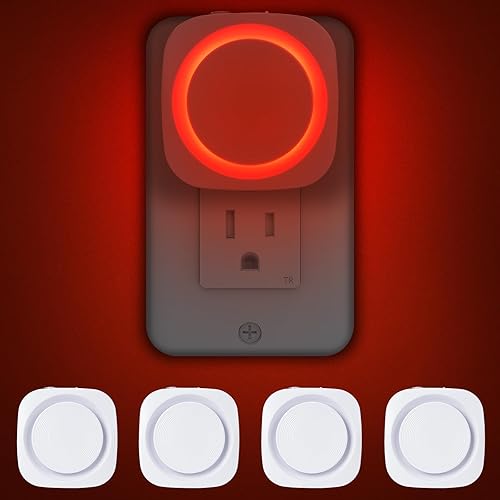 Luces nocturnas rojas que se enchufan a la pared, paquete de 4 paquetes de luz nocturna regulable con sensor de polvo a amanecer, se enciende y