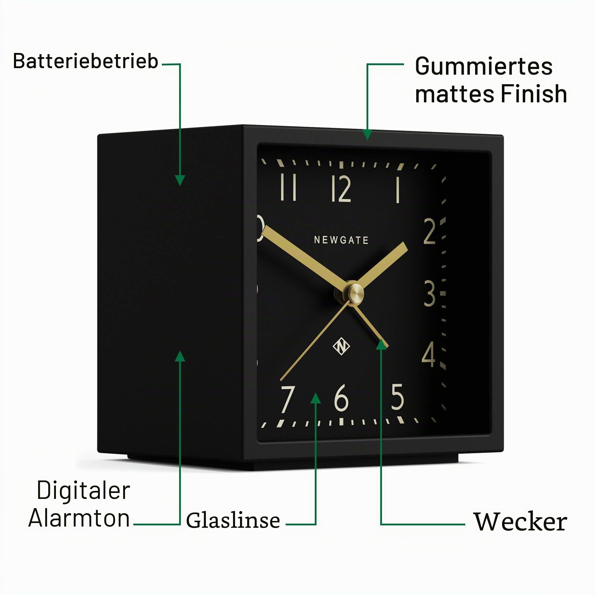 NEWGATE® Equinox Wecker | Designgeführter, würfelförmiger moderner Alarm | Schwarzer Fall | Schwarzes zifferblatt | Ideal für nachttisch, Schreibtisch, Regal und kaminsims | Mid-Century