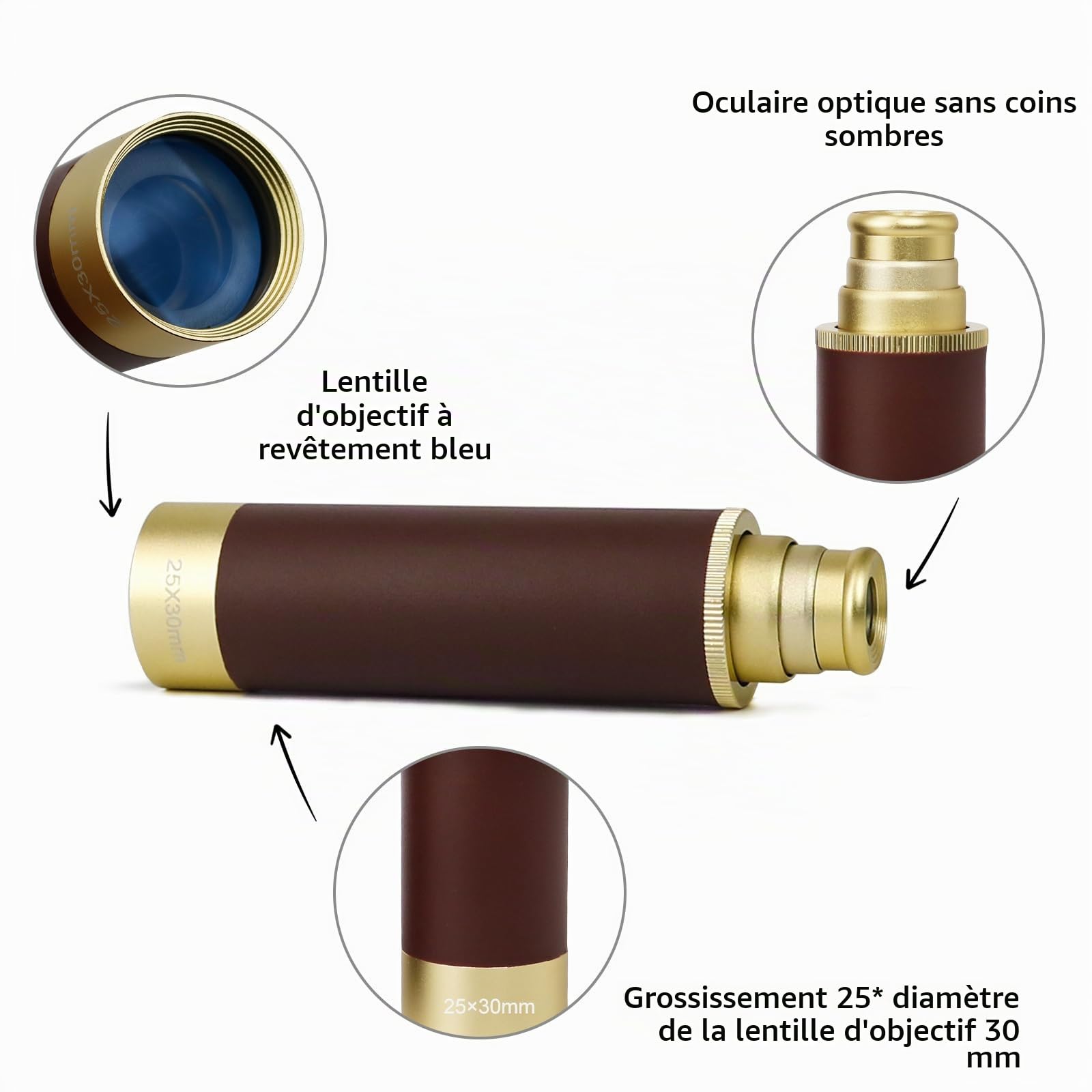NewDoar 25x30 Télescope Pirate Vintage Monoculaire Zoomable - Télescope Optique Réglable en Laiton Alliage d'Aluminium Étanche pour Voyage Navigation Voile Voyage Voir Regarder Les Jeux