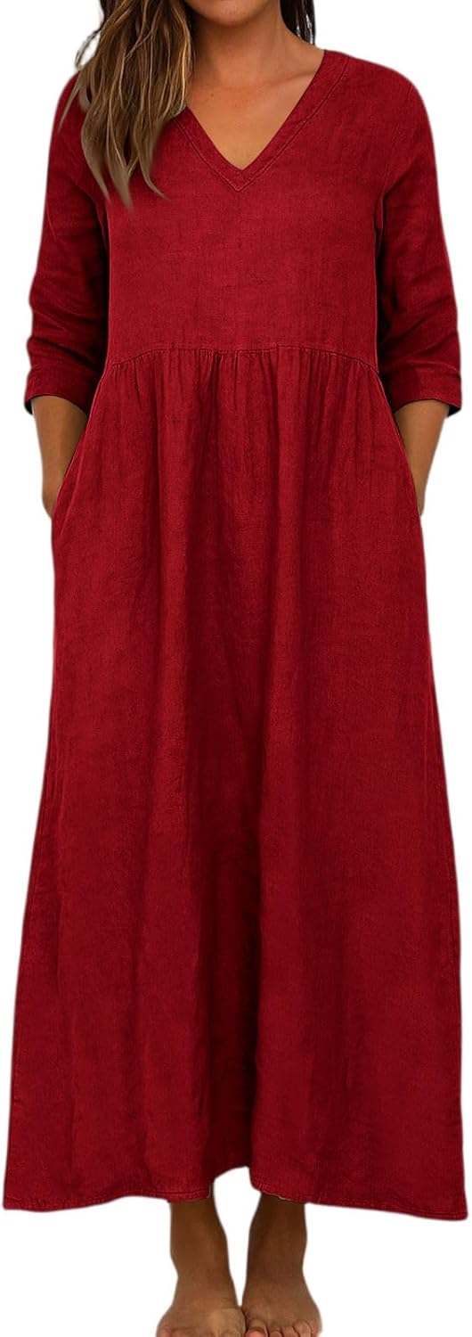 Womens Summer Casual Midi Dress V Neck Half Sleeve Solid Color Ruffle Dresses Fashion Flowy Beach Vacation Sundress