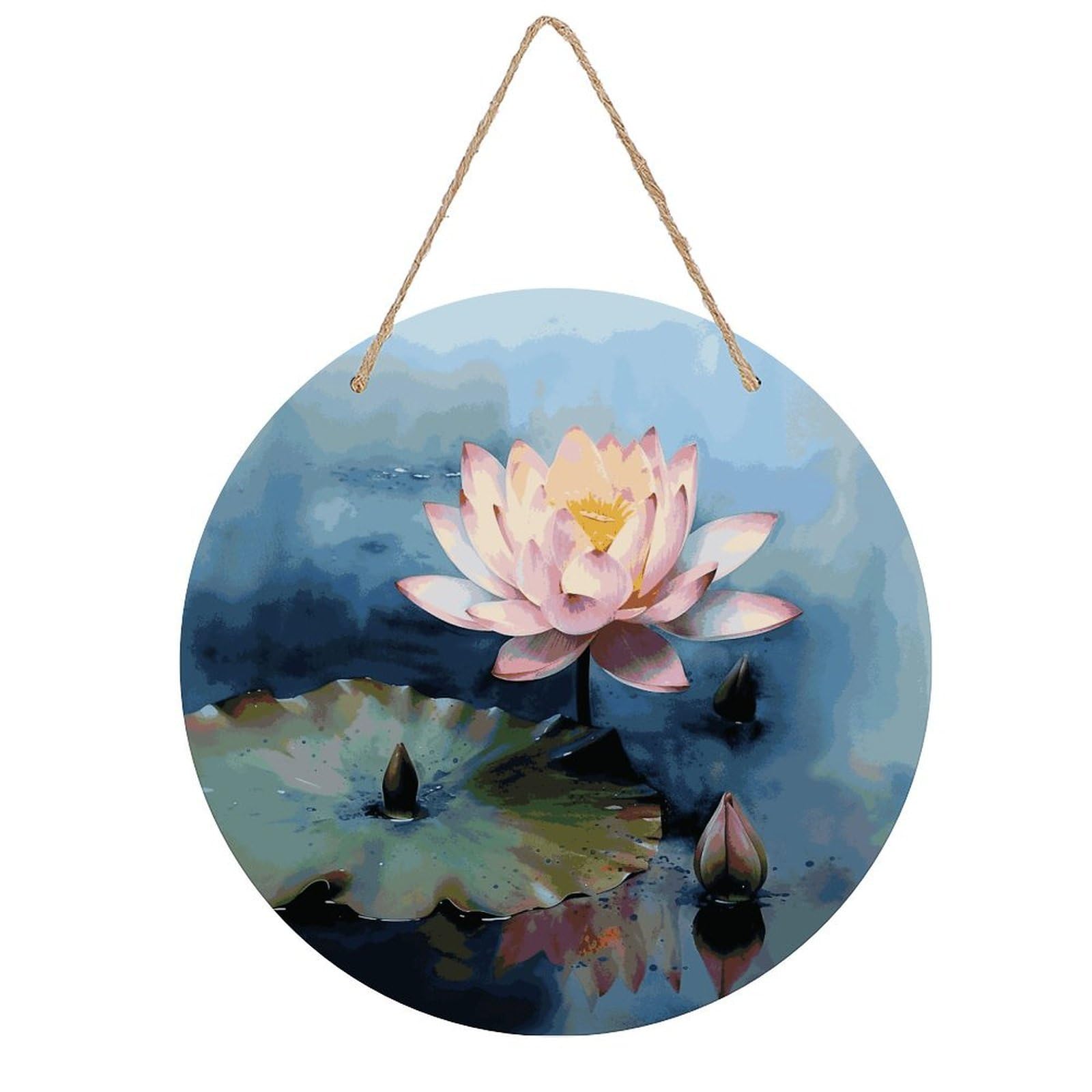 FekiLoot Lotus Flower Painting Wall Art Decor Rustic Vintage Hanging Wall Sign Aesthetic Welcome Door Sign with Rope, Round Wood Walls Decoration Picture for Home Front Door 7.9x7.9 in