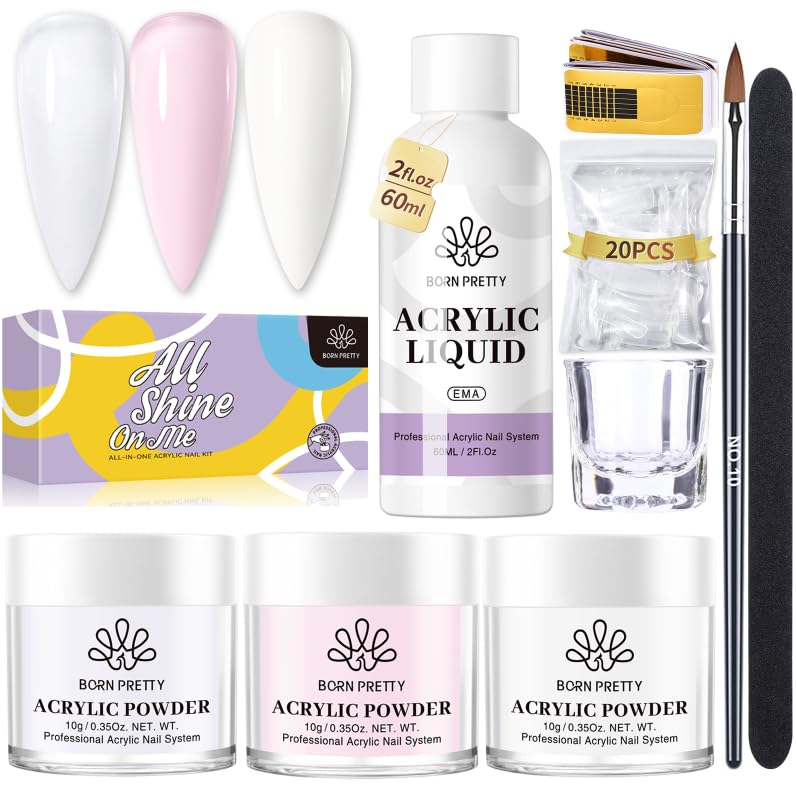 BORN PRETTY Complete Acrylic Nail Kit, Acrylic Powder Clear Pink Milky White, 3 Boxes Acrylic Nail Powder with 60ML Acrylic Liquid, Nail Tips and Professional...