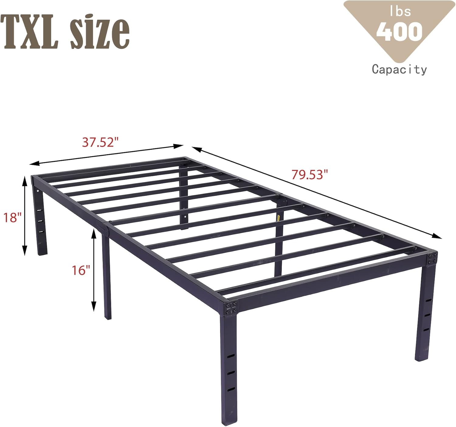 alazyhome 18 Inch Metal Twin XL Size Bed Frame Heavy Duty Platform Noise Free Steel Slat Support Easy Assembly Noise Free No Box Spring Required Black