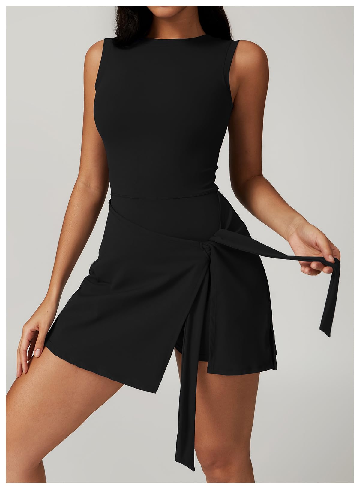 ABEHIK Robe de tennis pour femme, jupe enveloppante, short intégré, sans manches, barboteuse athlétique, robe d'été à nouer sur le devant