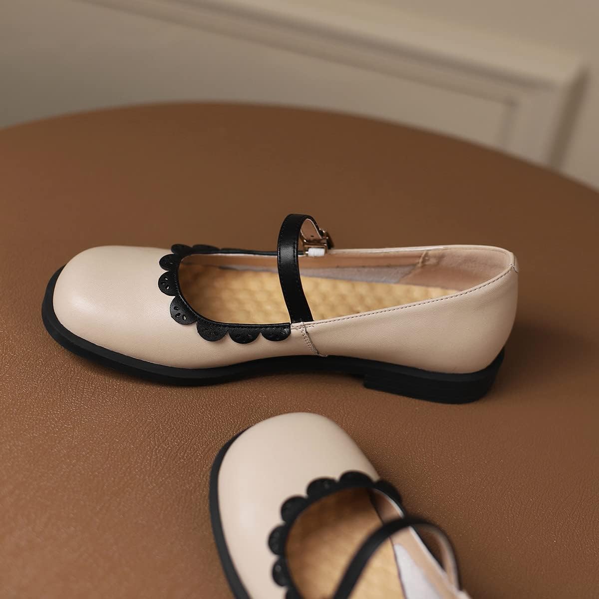 FYS Women Retro Carved Flats Low Heel Mary Janes Closed Round Toe Cute Dress Buckled Splicing Work Office Shoes Size 4-15 US