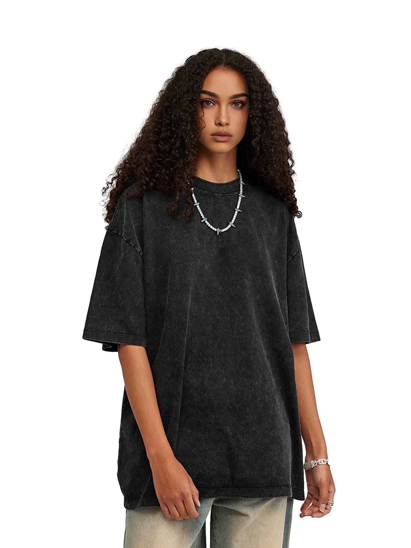 Arnodefrance Unisex Vintage Loose Fit Crewneck Washed Tshirt Oversize Tee Shirt Cotton Short Sleeve Shirt Black Medium