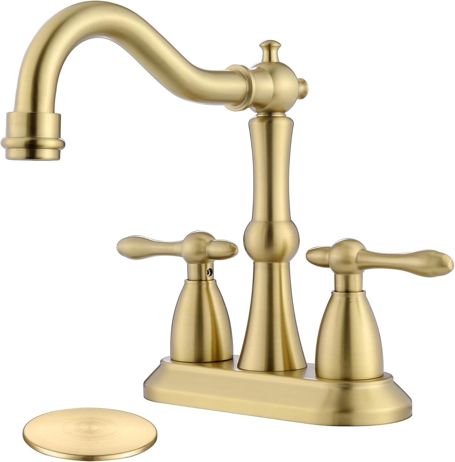 Brushed Gold Bathroom Faucet, Stainless Steel 4 inch Centerset Bathroom Faucet with Drain and Supply Hose, 2 Hole Gold Faucet for Bathroom Sink