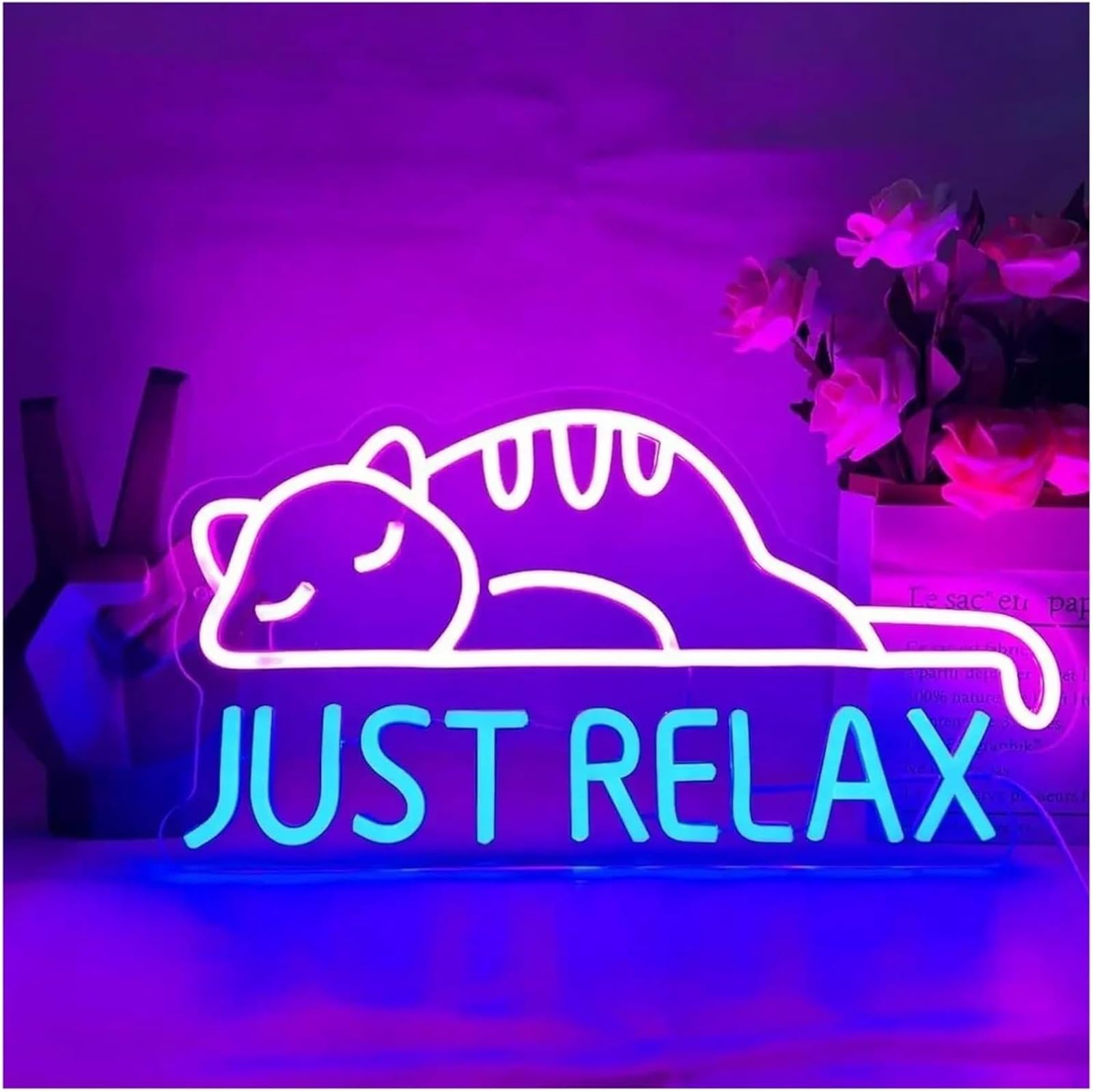Aextroi neon Lights Sign Decor Neon Sign Just Relax Cat Shape LED Light Decoration Letter for Bathroom 42.5×22cm