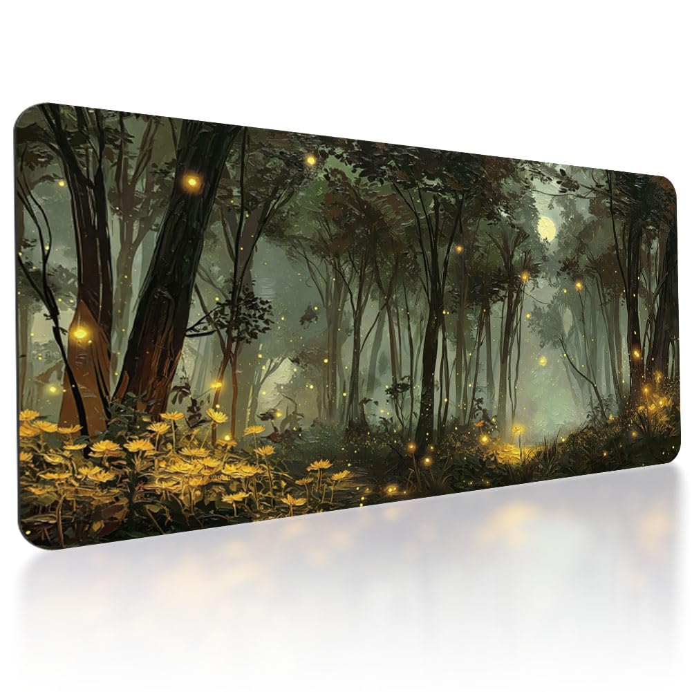 TNKBREEZE Large Mouse Pad Forest Night Extended Gaming Mousepad for Office Home Green Nature Big Desk Mat with 3mm Thick Non-Slip Rubber Base Keyboard Mats for Computer PC Desktop Decor 15.7x31.5inch