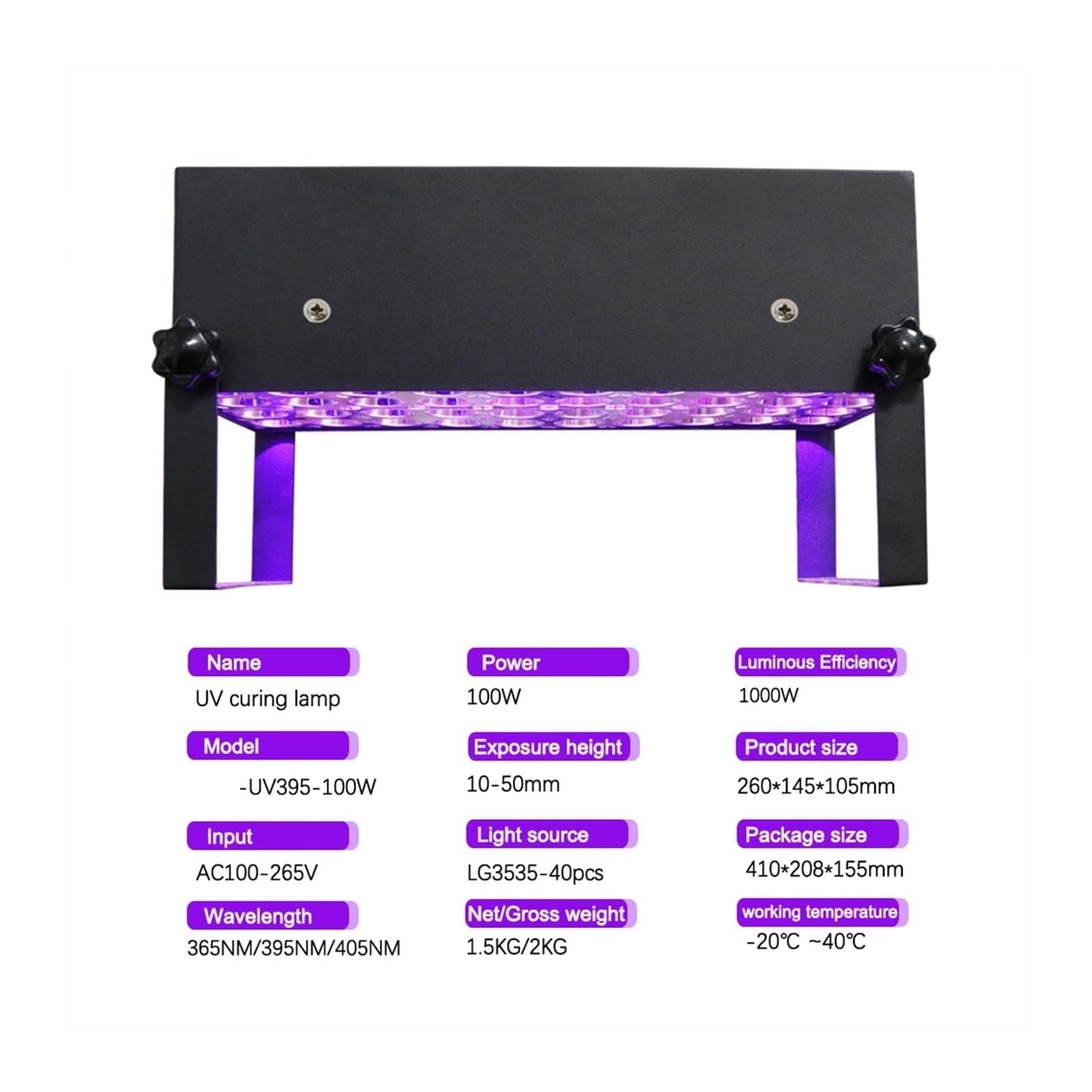 lámpara de curado UV, Lámpara De Curado Ultravioleta UV Secado Rápido, 100W, 365nm, 395nm, 405nm, Pegamento, Resina, Aceite Verde, Soldadura, Placa PCB, Revestimiento, Pintura Pantalla LCD(395nm)