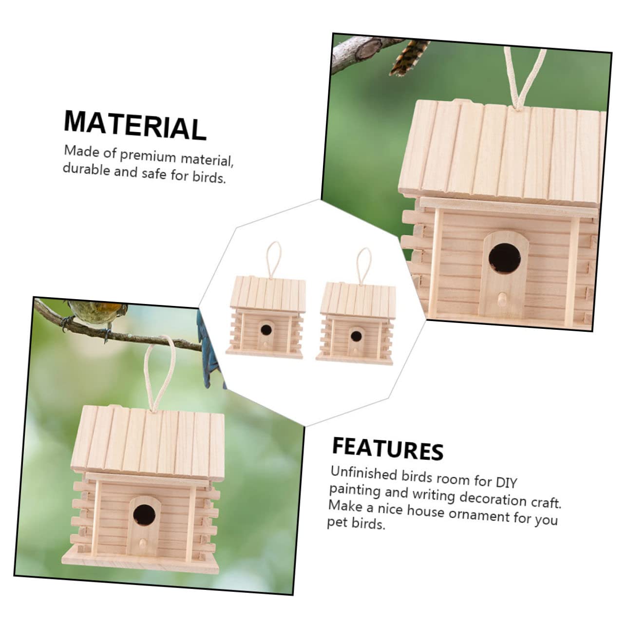 Toddmomy Hängendes Holz Vogelnest Brutkasten für Kleine Vögel 2 Stück | Beige, Hüttenstil, Unlackiert zum Selbstgemacht Bemalen, Dekorativ als Hausornament, für Papageien
