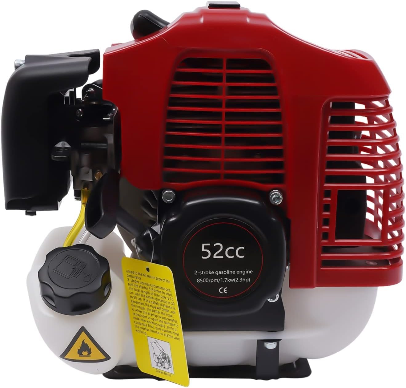 Zamiatarka pchana z silnikiem dwusuwowym benzynowym o pojemności 52 cm3 i osłoną ochronną, o mocy 1700 W i mocy 2,3 KM, do czyszczenia trawników, opadłych liści, sztucznej trawy i żwiru.