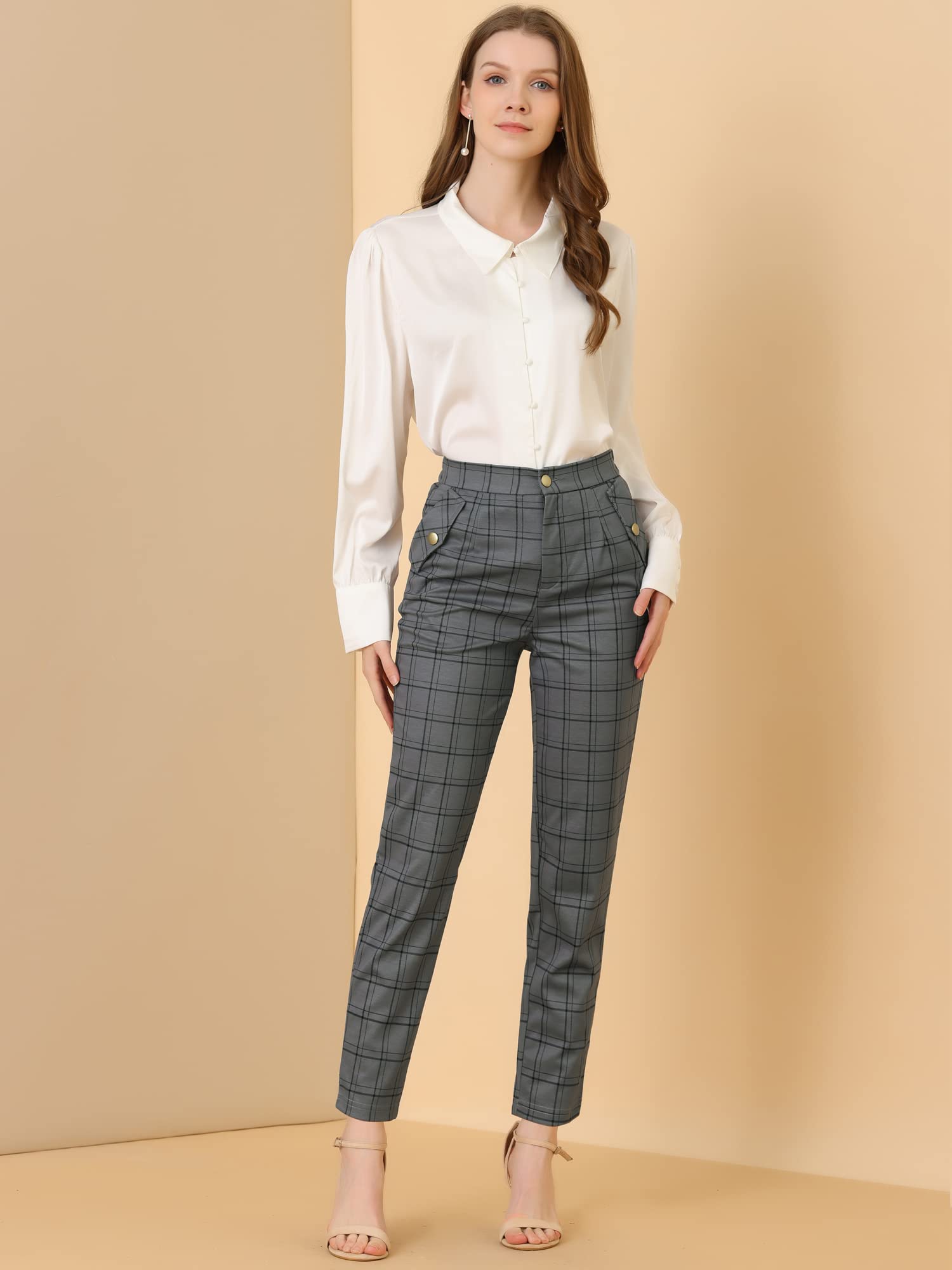 Allegra K Damen Vintage Elastische Taille Gerade Kariert Chinohose Hose
