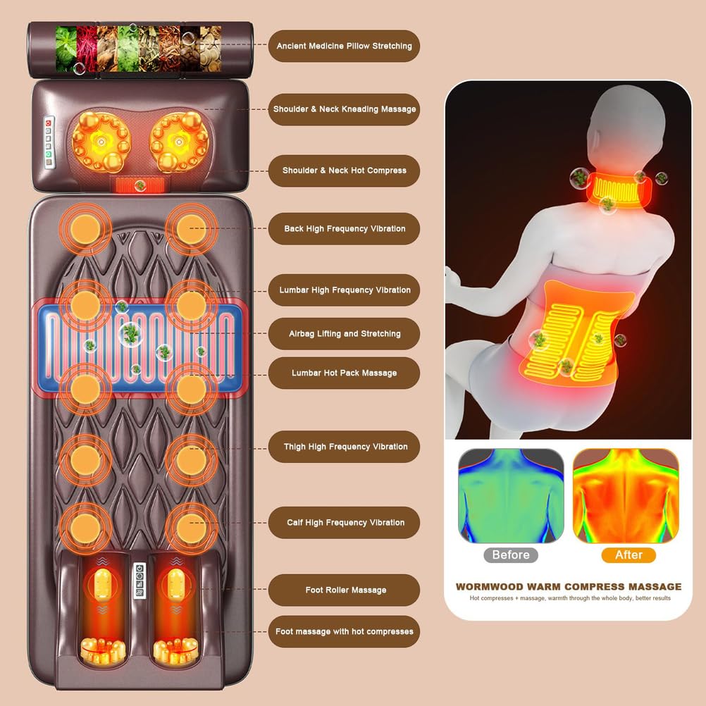 Colchoneta De Masaje con Calor y 10 Motores para Cuerpo Completo | Colchón de masaje vibratorio de piel sintética con almohada cervical desmontable y airbag lumbar