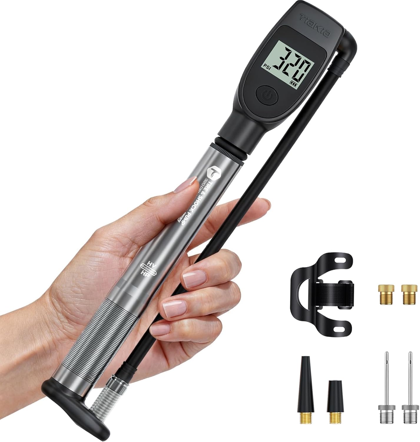 Tiakia Digital Shock Pump,320 Psi High Pressure Shock Pump Mountain Bike with Gauge for Air Front Fork & Rear Suspension, Portable Bike Pump Aluminum Bicycle Tire Frame Pump