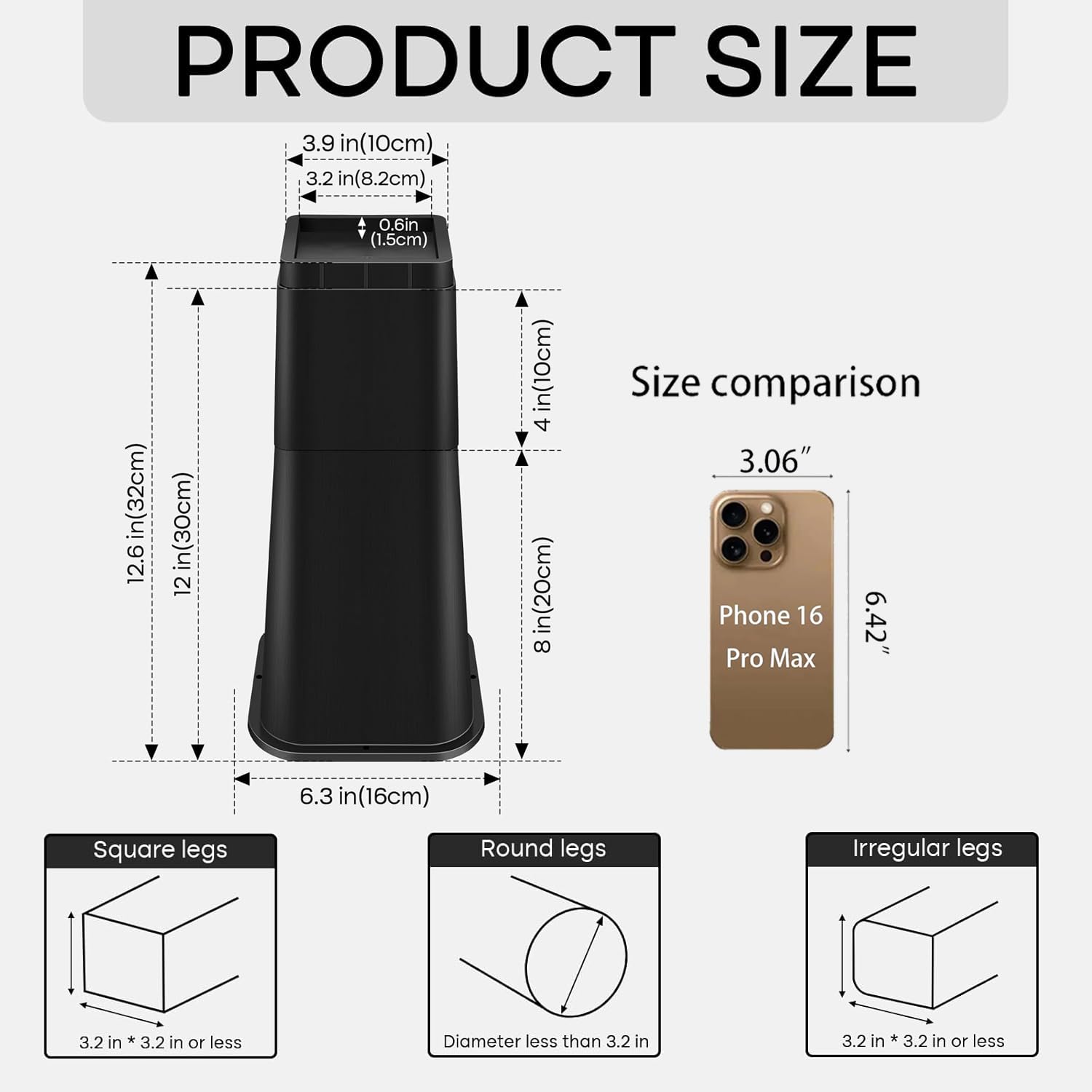 Elevadores ajustables para muebles de cama, elevadores resistentes tanto para postes como para ruedas de muebles, sofá, cama, silla, mesa (paquete de 4, 12 pulgadas)