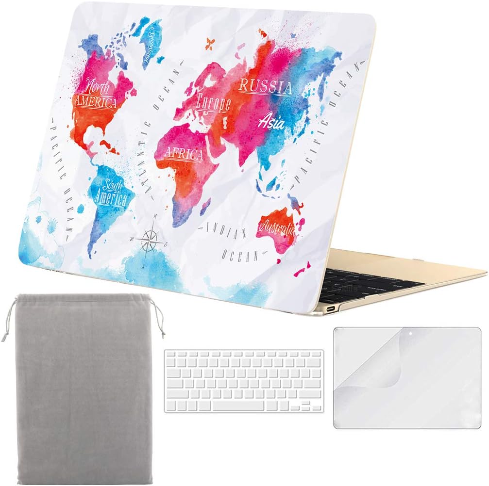 Sykiila for MacBook 12 inch Case 4 in 1 Hard Shell Case & Sleeve & Keyboard Cover & HD Screen Protector for Model A1534 with Retina Display - World Map