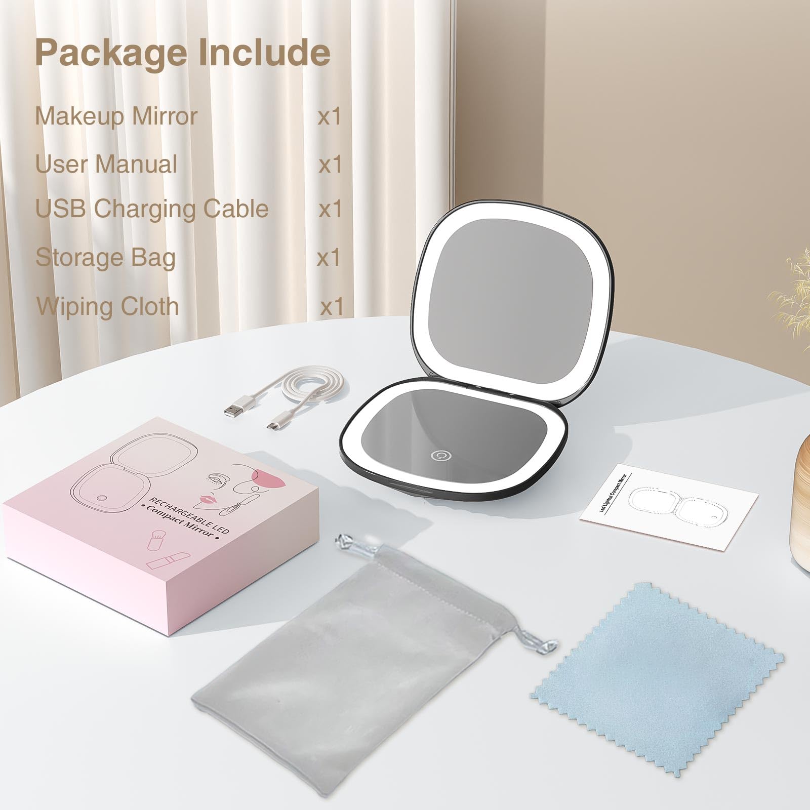 Specchio da viaggio per il trucco con luce, ingrandimento 10X/1X, specchio compatto per borsa, portatile su entrambi i lati, pieghevole, tascabile, LED dimmerabile e ricaricabile tramite USB