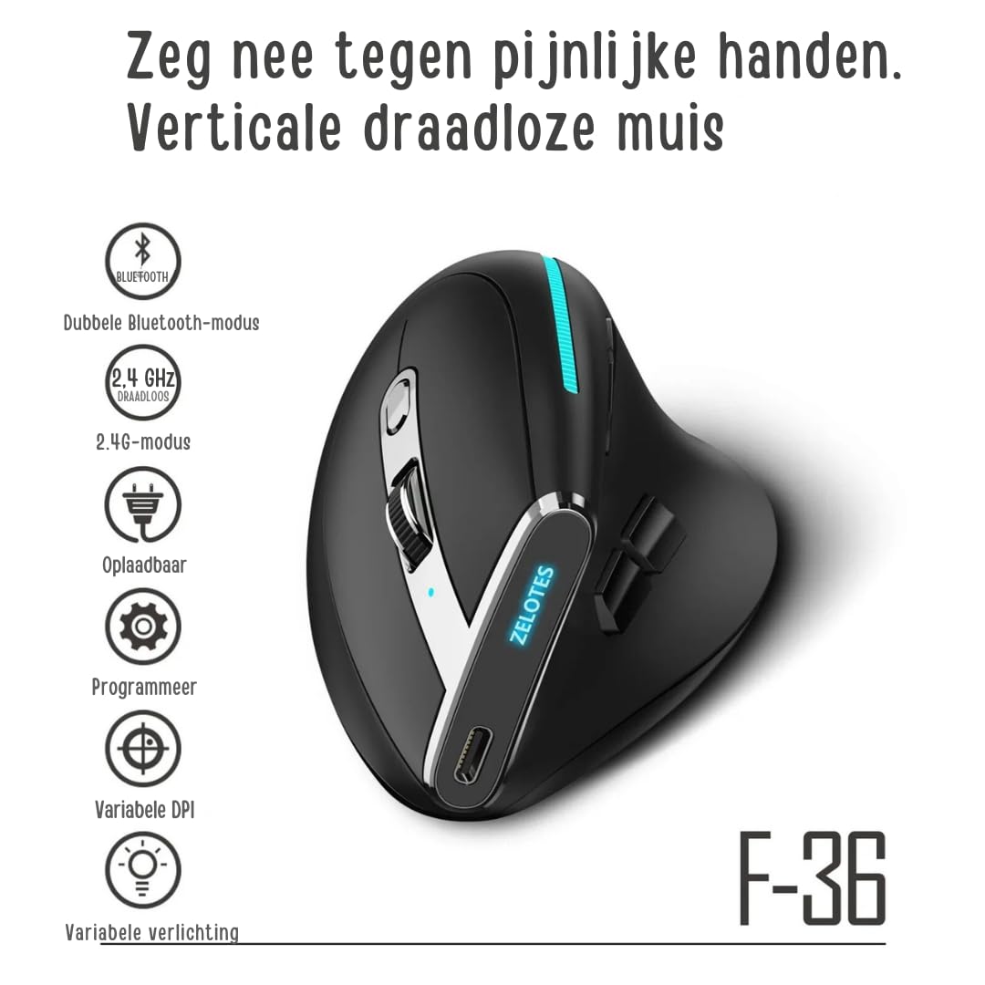 DrPhone Elementkey F36 Verticale Muis 2.4Ghz USB + Bluetooth 5.0/3.0 – Ergonomisch – 8 Knoppen – 4800DPI – Programmeerbaar – RGB
