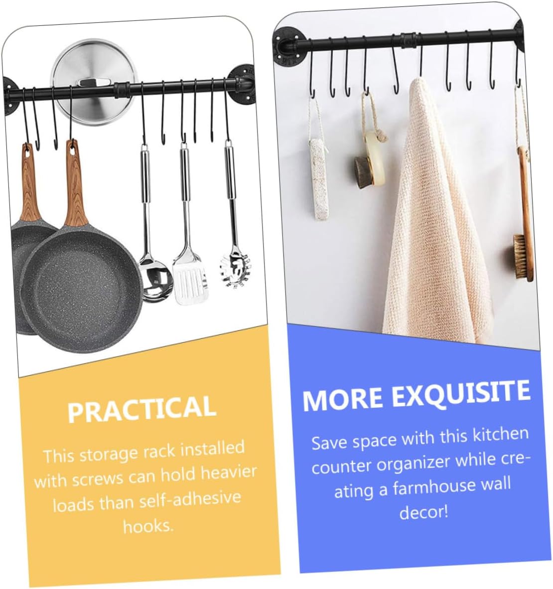 TOYANDONA Iron Wall Mounted Pot Rack with Hooks, 13x60cm Kitchen Hanging Pot and Lid Organizer, Steel Pipe Storage Rail for Kitchen Utensils and Cookware