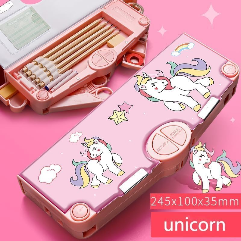 Image of LONGMIRE Plastic Multi-Functional Unicorn Theme Magnetic Pencil Box for Kids Compass Box for Girls Stationery Box Buttons Operated Pencil Box for Kids with Accessories (Multicolor)