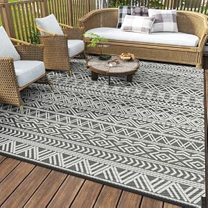 MontVoo Outdoor Rug Carpet Waterproof 5×8 Outdoor Patio Rug Mat Reverisble Plastic Straw Outdoor Rug for RV Camping Picnic Beach Balcony Boho Grey