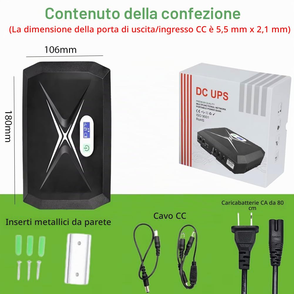 Mini UPS alimentazione senza interruzione per router, modem, fotocamera | Ingresso uscita AC USB, 5V DC 5V 9V 12V 2A, 36W