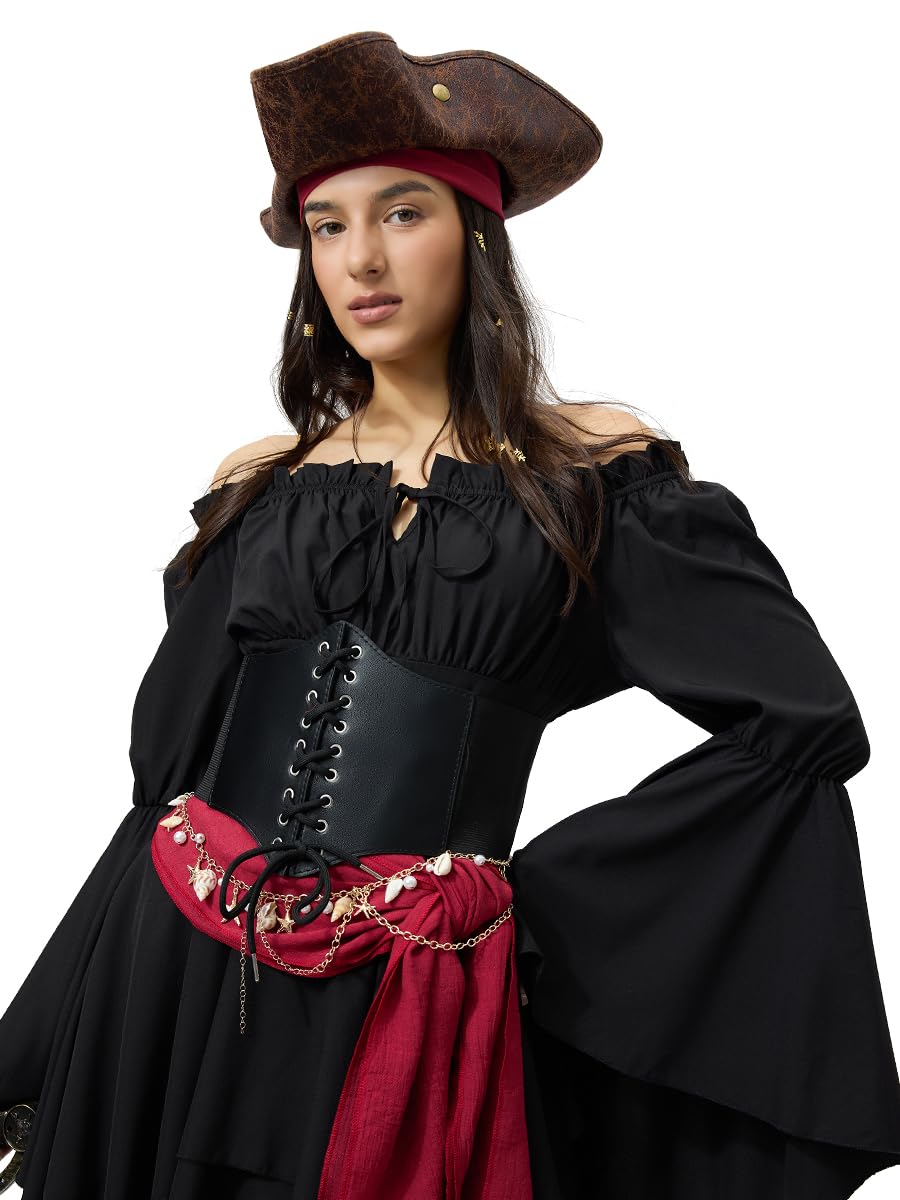 Costume pirate femme, robe à épaules dénudées avec corset, foulard & ceinture, chaîne de taille dorée coquillage + perles dreadlocks, déguisement carnaval adulte & soirée à thème