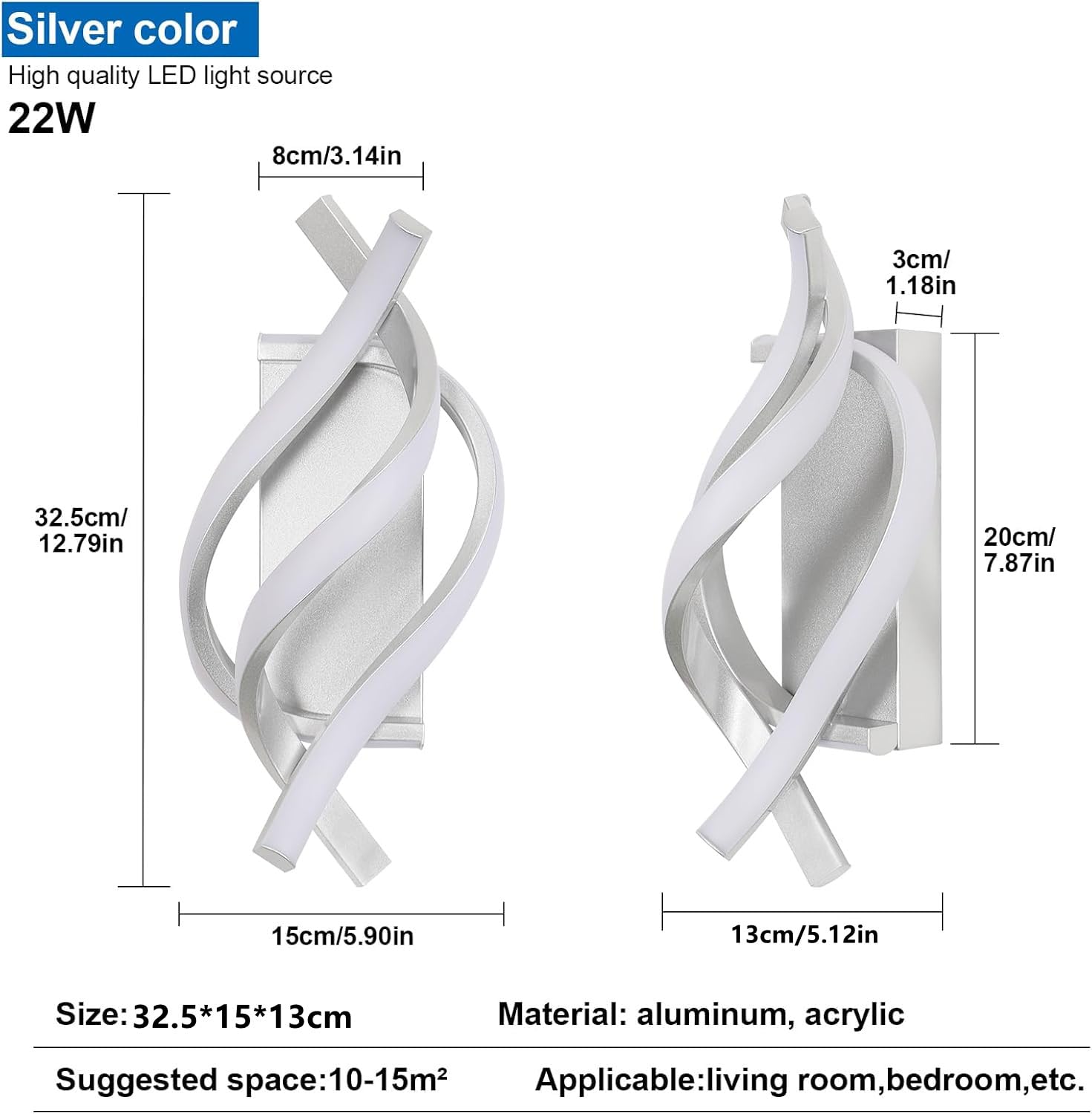 Comely Wewnętrzny Kinkiet LED, 22W Kreatywna Nowoczesna Lampa Ścienna 3000K Ciepłe Światło, Wewnętrzna Oprawa Ścienna Do Sypialni, Salonu, Korytarza, Schodów (Srebrny)