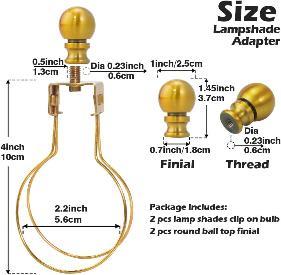 2 Pieces Lamp Shade Light Bulb Clip Adapter Kit, Antique Gold Lampshade Holder with Round Top Finial, No Harp Required, Clip on Bulb, DIY Replacement Repair Table & Floor Light Metal Parts
