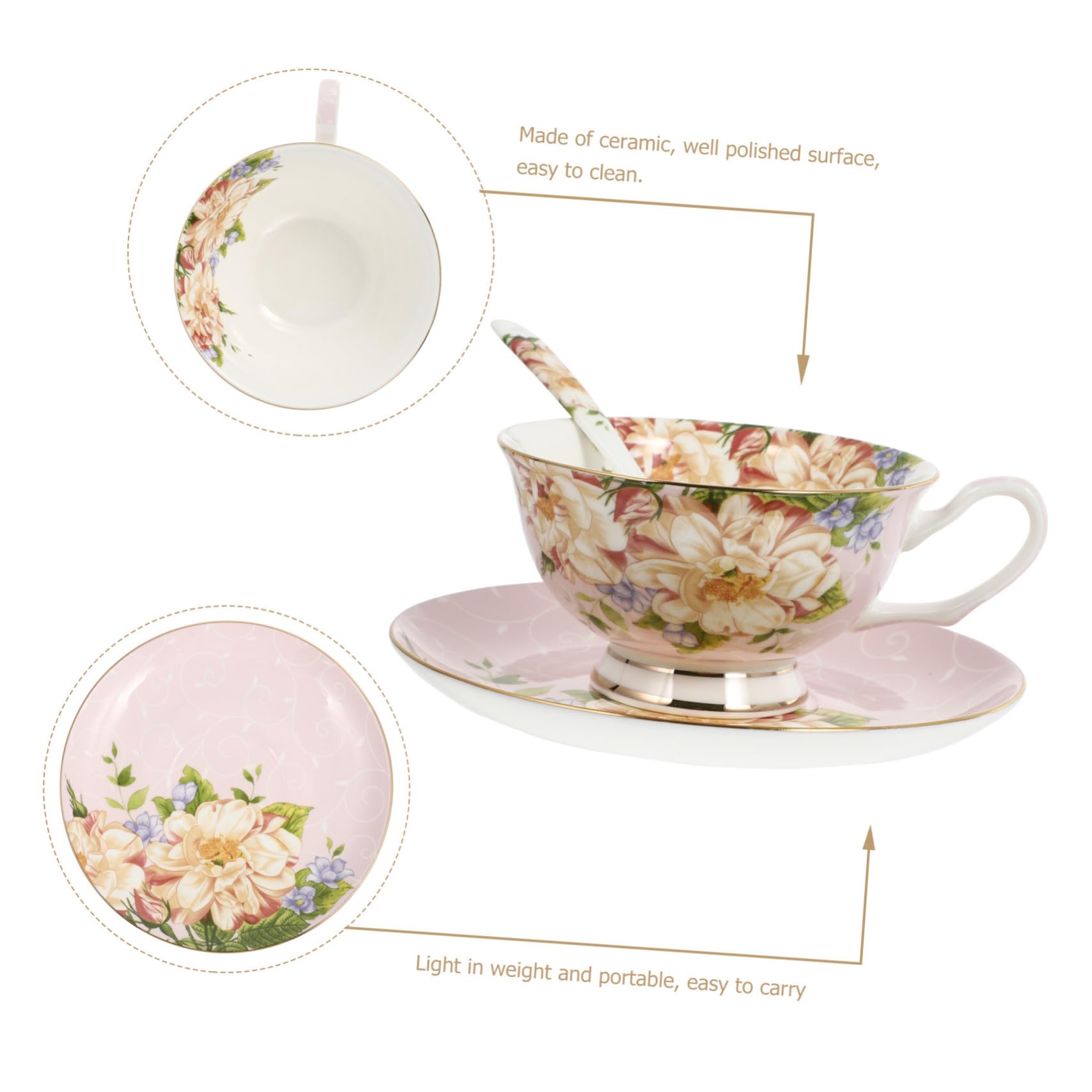 Porzellan Kaffee Und Teetasse Mit Untertasse Löffel Blumenmuster Pink Innen Für Haushalt Büro Café Geschenkset
